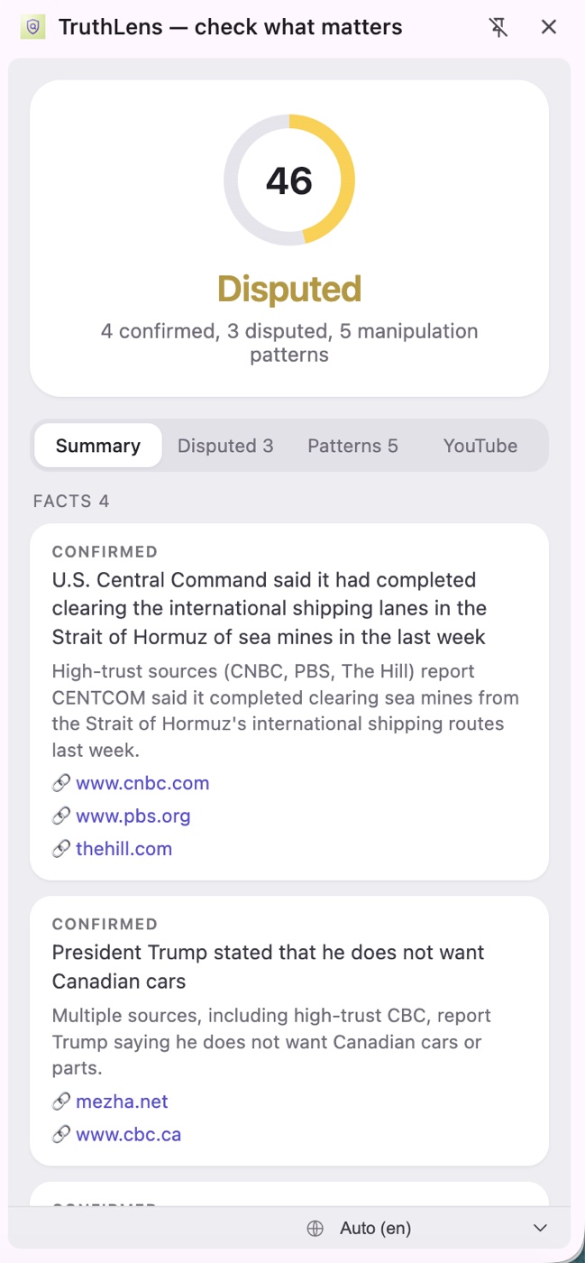TruthLens extension — verdict summary with sources
