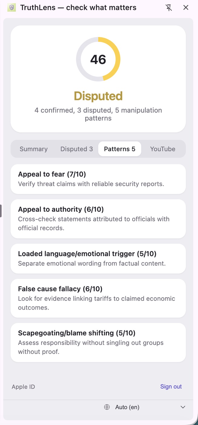 TruthLens extension — manipulation patterns