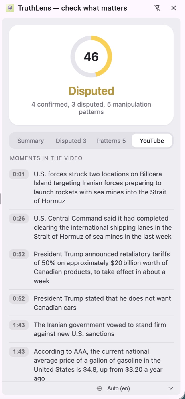 TruthLens extension — key moments in a YouTube video